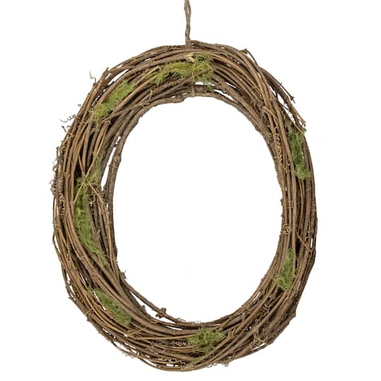 15.5&#x22; Unlit Natural Grapevine &#x26; Twig Oval Spring Wreath With Moss